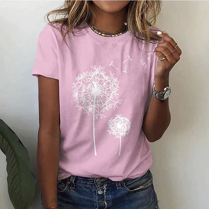 Dames T-shirt Korte Mouw met Ronde Hals en Paardenbloem Print Roze