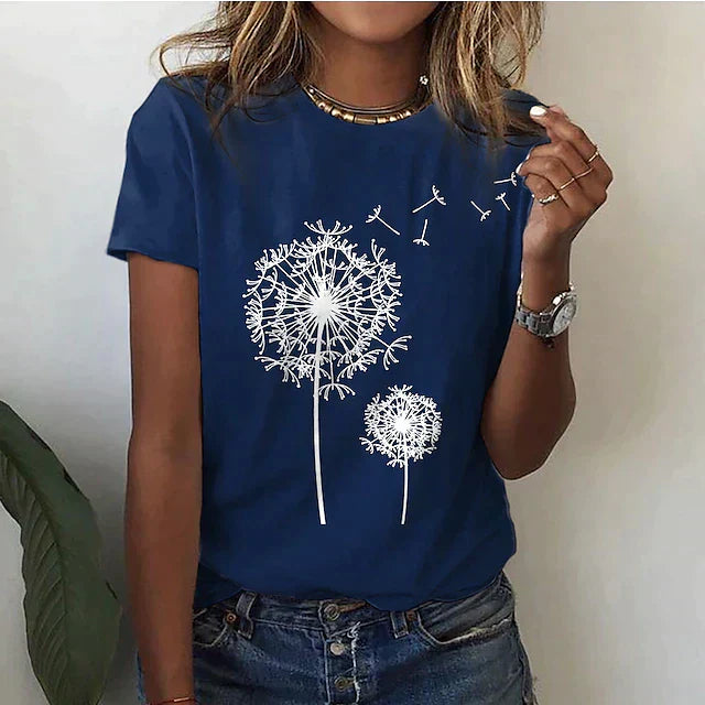 Dames T-shirt Korte Mouw met Ronde Hals en Paardenbloem Print Blauw