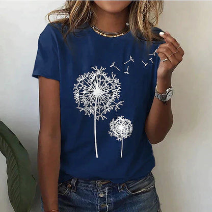 Dames T-shirt Korte Mouw met Ronde Hals en Paardenbloem Print Blauw