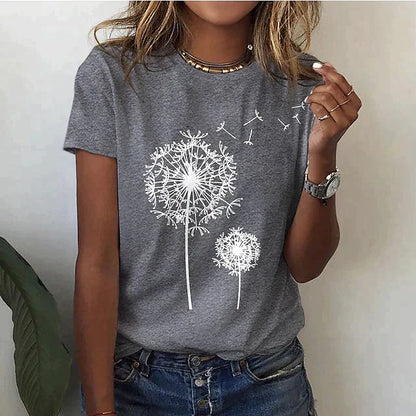 Dames T-shirt Korte Mouw met Ronde Hals en Paardenbloem Print Grijs