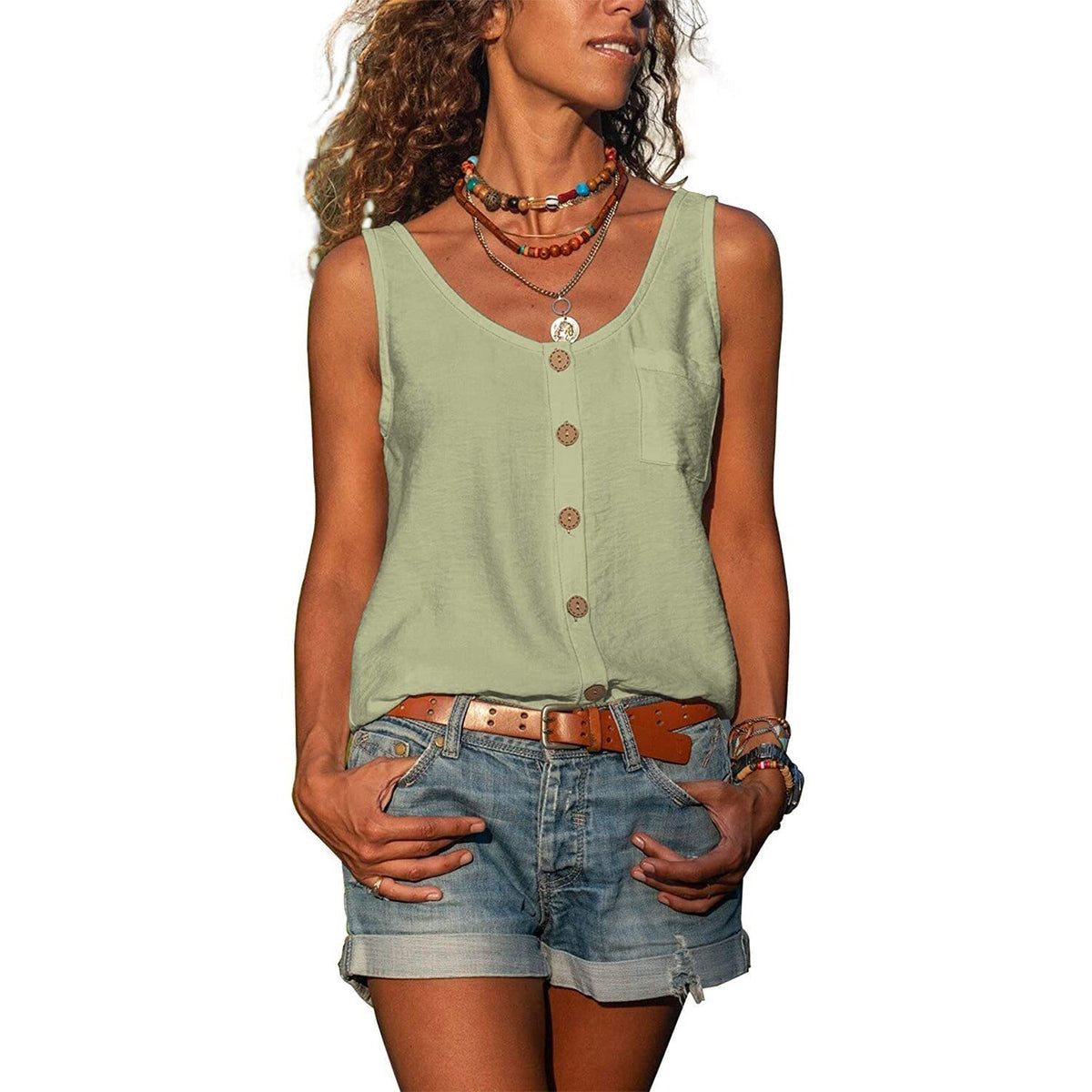Dames Tank Top Mouwloos met U-hals en Knoopsluiting Groen
