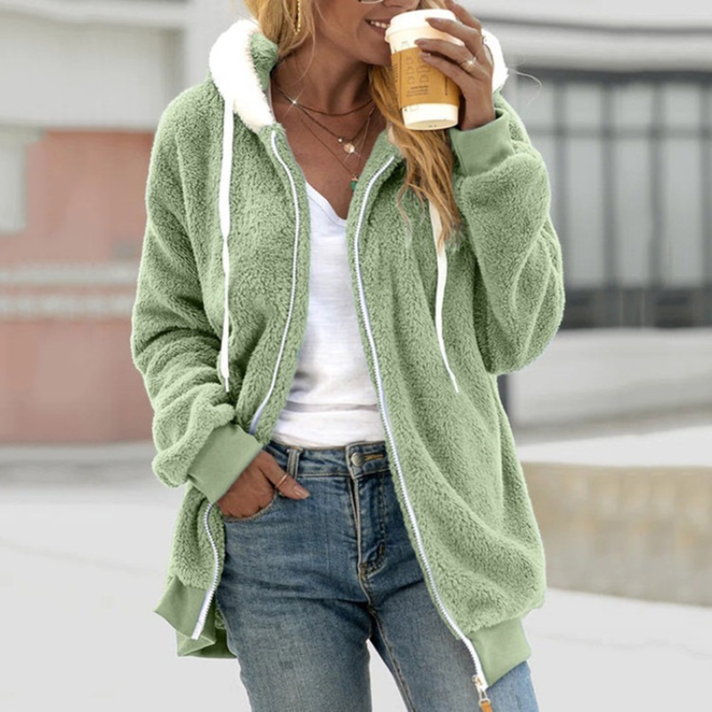 Dames Teddy Fleece Hoodie met Capuchon en Rits Lichtgroen