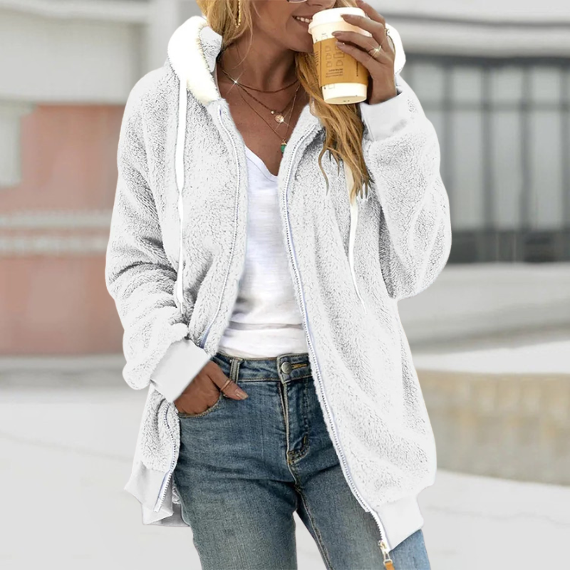 Dames Teddy Fleece Hoodie met Capuchon en Rits Wit