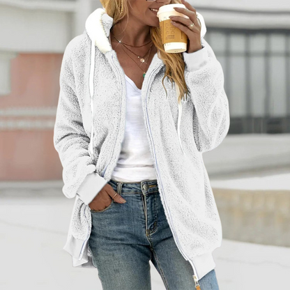 Dames Teddy Fleece Hoodie met Capuchon en Rits Wit