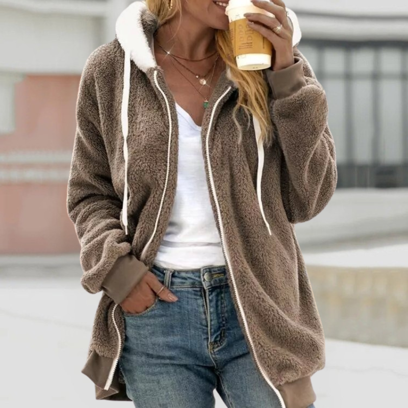 Dames Teddy Fleece Hoodie met Capuchon en Rits Bruin