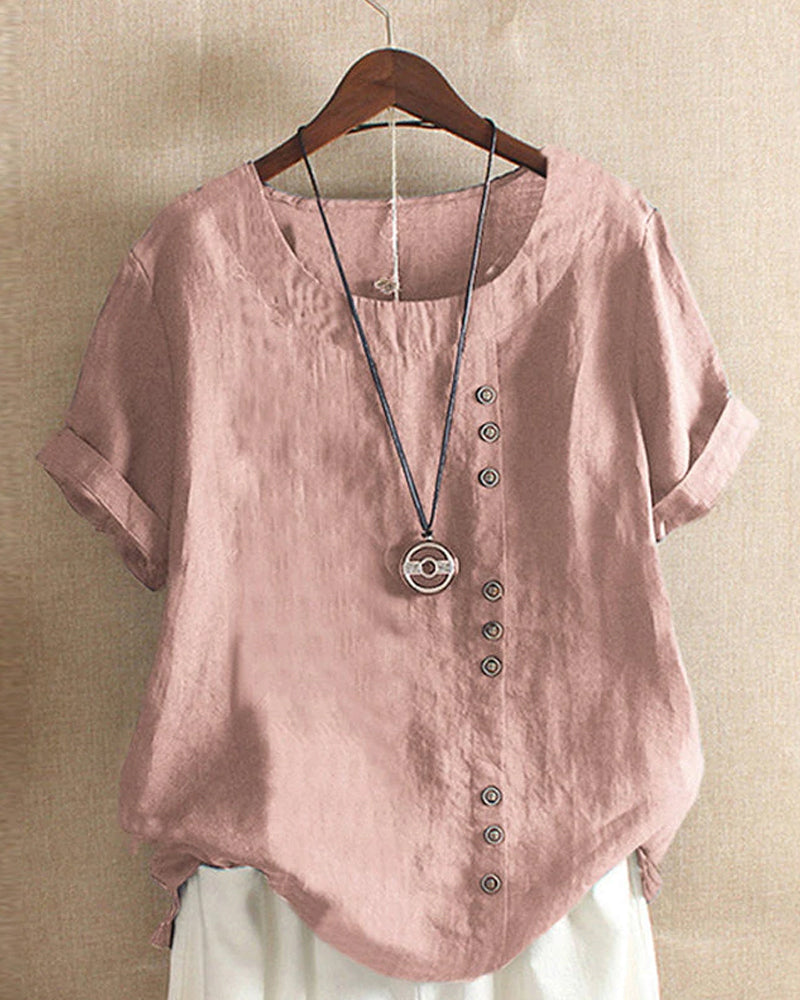Dames Top met Knoopdetails en Korte Mouwen Roze