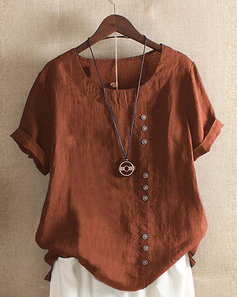 Dames Top met Knoopdetails en Korte Mouwen Bruin