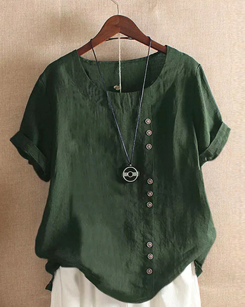 Dames Top met Knoopdetails en Korte Mouwen Groen