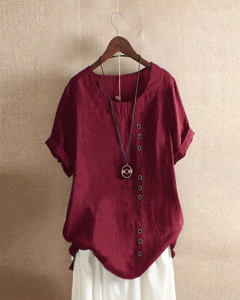 Dames Top met Knoopdetails en Korte Mouwen Bordeauxrood