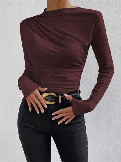 Dames Top met Lange Mouw, Mock Neck en Ruchedetail Slim Fit Bordeauxrood