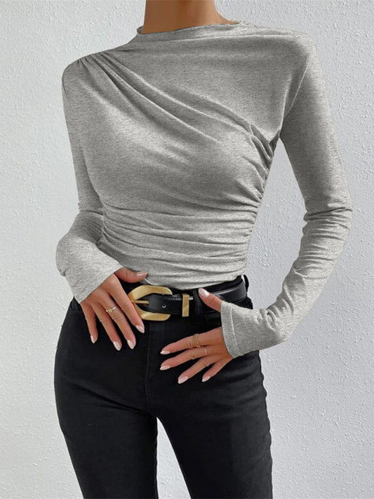 Dames Top met Lange Mouw, Mock Neck en Ruchedetail Slim Fit Lichtgrijs
