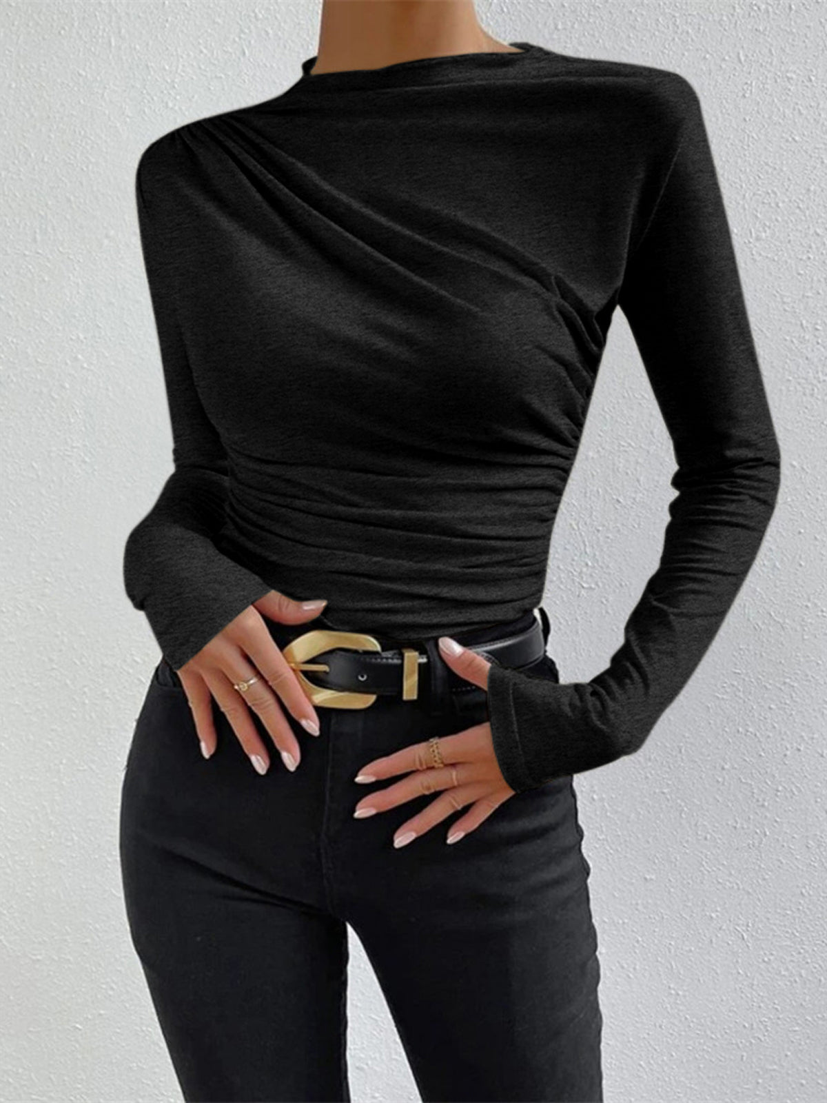Dames Top met Lange Mouw, Mock Neck en Ruchedetail Slim Fit Zwart