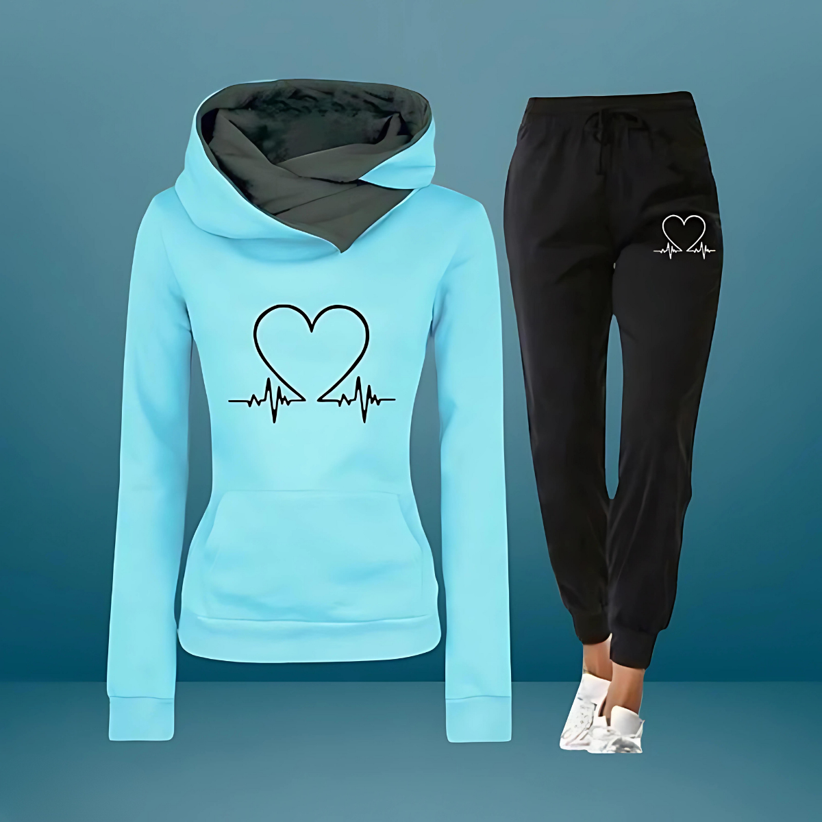 Dames Trainingspak met Hartprint en Capuchon Turquoise