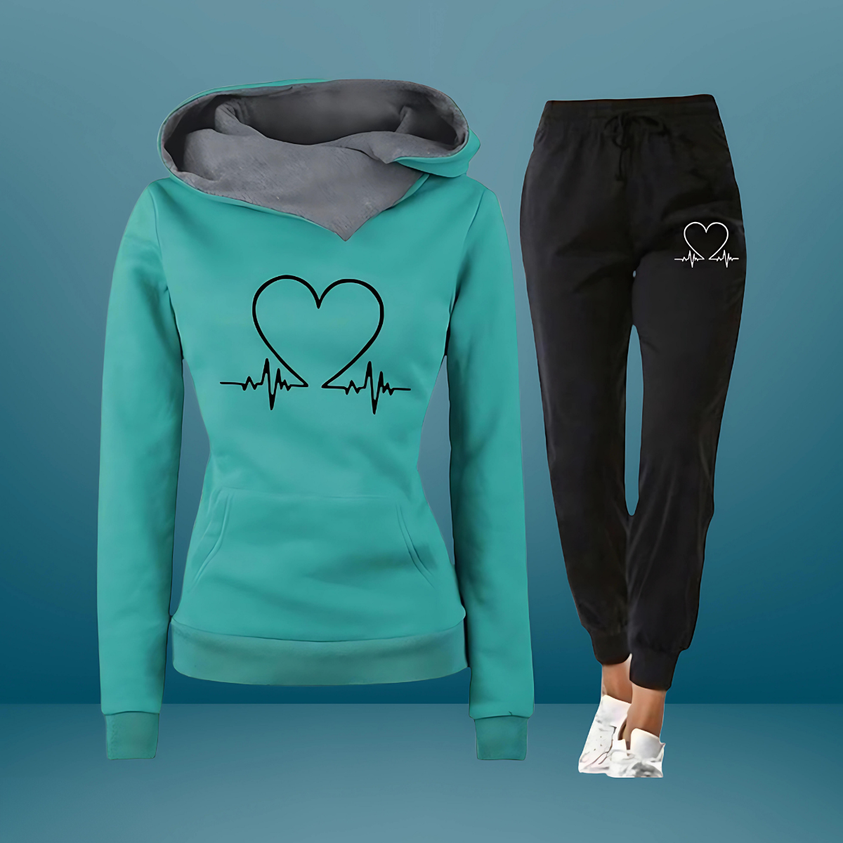 Dames Trainingspak met Hartprint en Capuchon Blauw