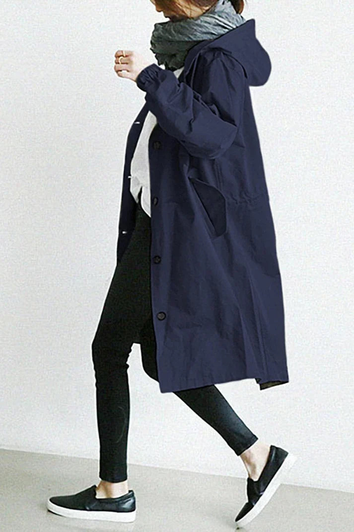 Dames Trench Coat met Capuchon en Knoopsluiting Oversized