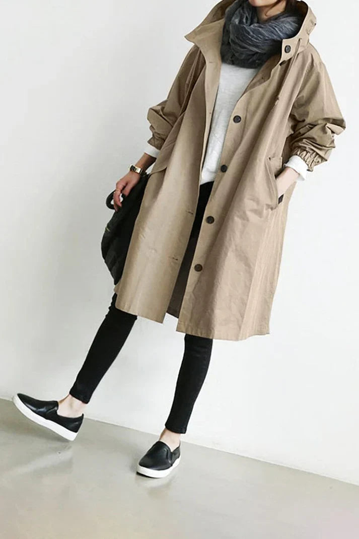 Dames Trench Coat met Capuchon en Knoopsluiting Oversized