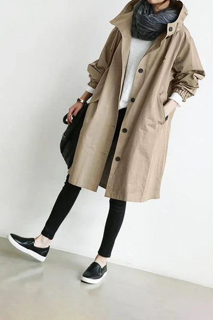 Dames Trench Coat met Capuchon en Knoopsluiting Oversized
