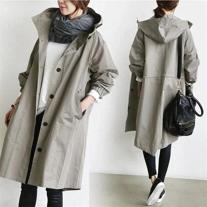 Dames Trench Coat met Capuchon en Knoopsluiting Oversized
