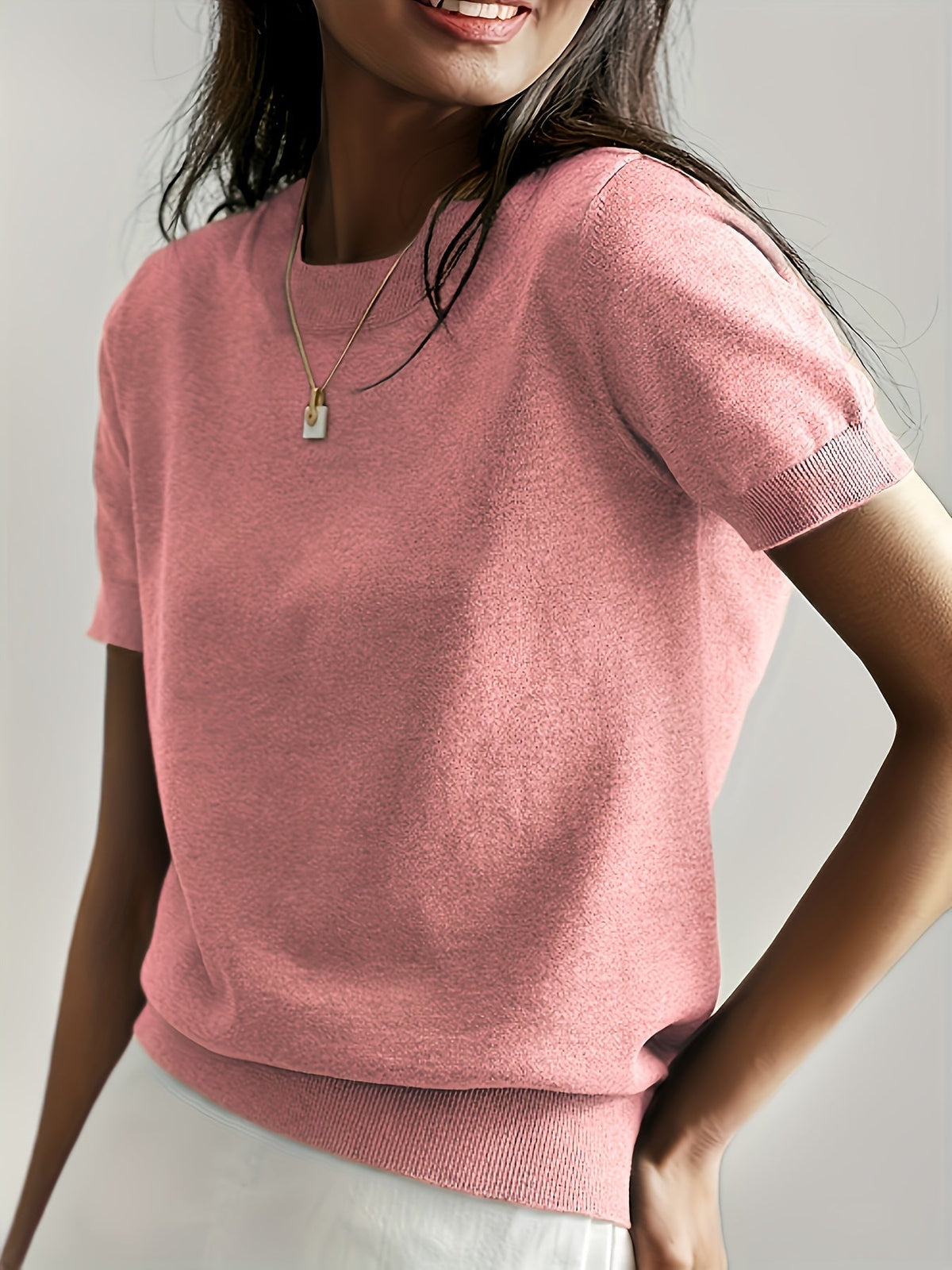 Dames Trui Gebreid Korte Mouw met Ronde Hals Roze