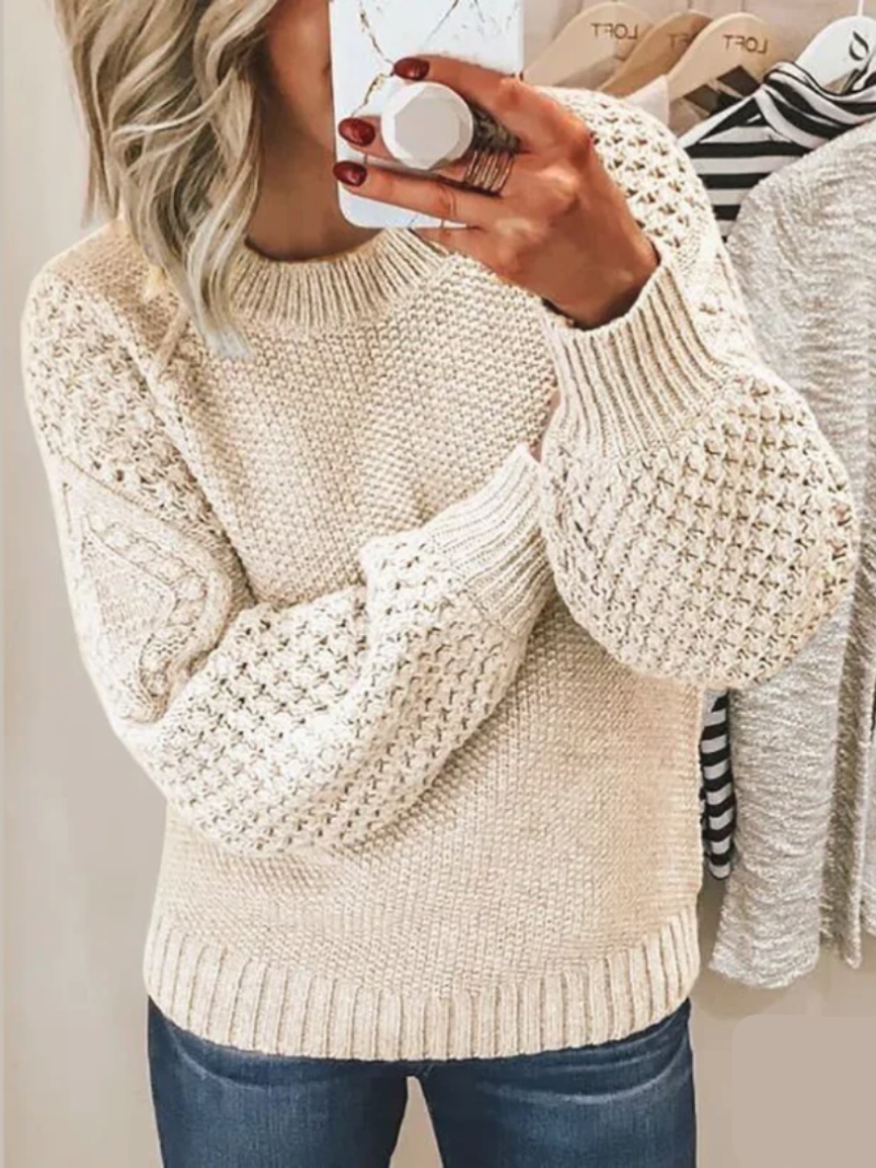 Dames Trui Lange Mouw met Ronde Hals en Structuurmouwen Beige