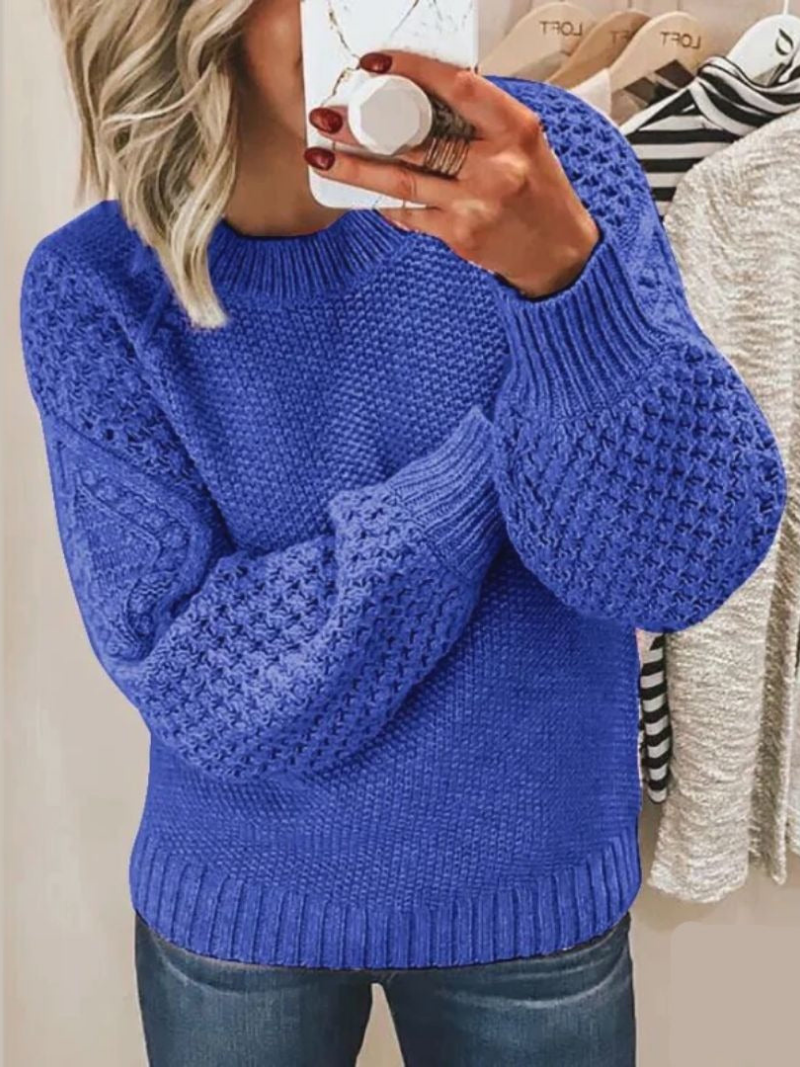 Dames Trui Lange Mouw met Ronde Hals en Structuurmouwen Blauw
