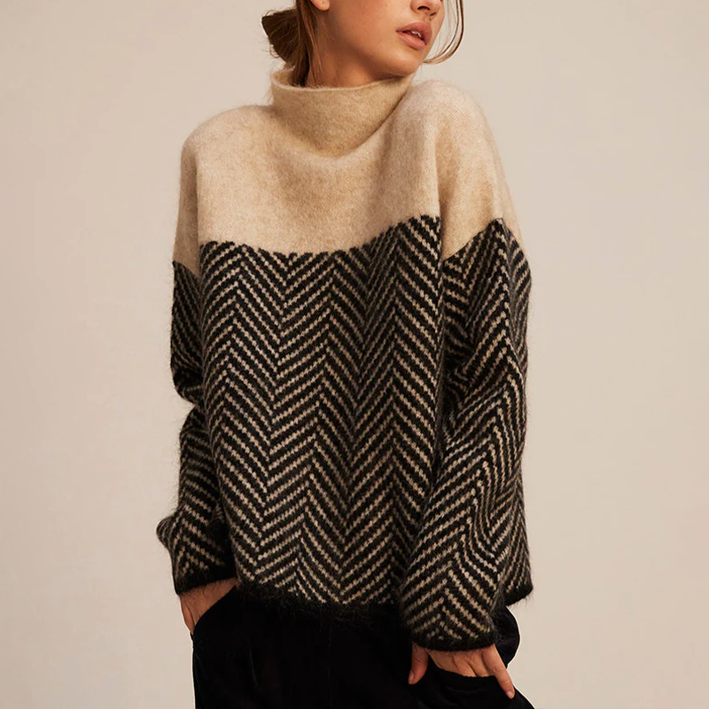 Dames Trui met Hoge Col en Visgraatpatroon Beige