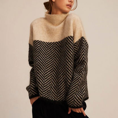 Dames Trui met Hoge Col en Visgraatpatroon Beige