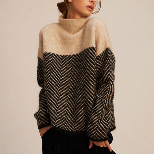 Dames Trui met Hoge Col en Visgraatpatroon Beige