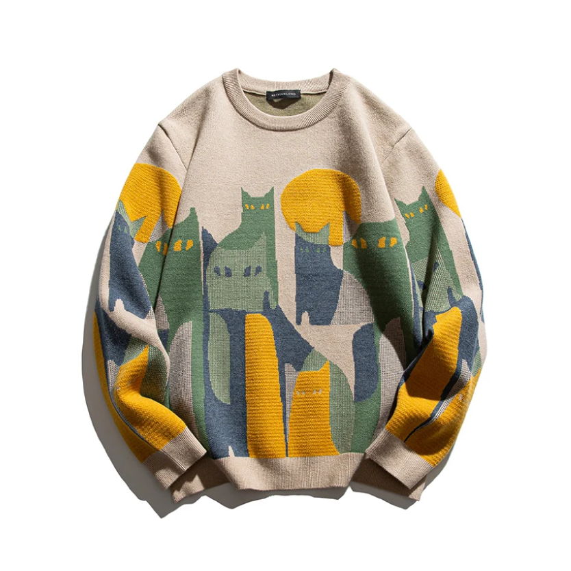 Dames Trui met Kattenprint en Ronde Hals Beige