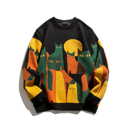 Dames Trui met Kattenprint en Ronde Hals Zwart