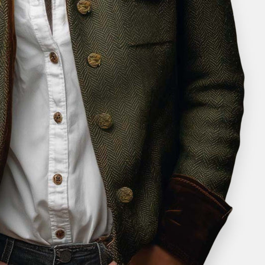 Dames Tweed Blazer met Visgraatmotief en Contrasterende Manchetten