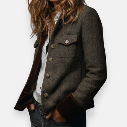 Dames Tweed Blazer met Visgraatmotief en Contrasterende Manchetten