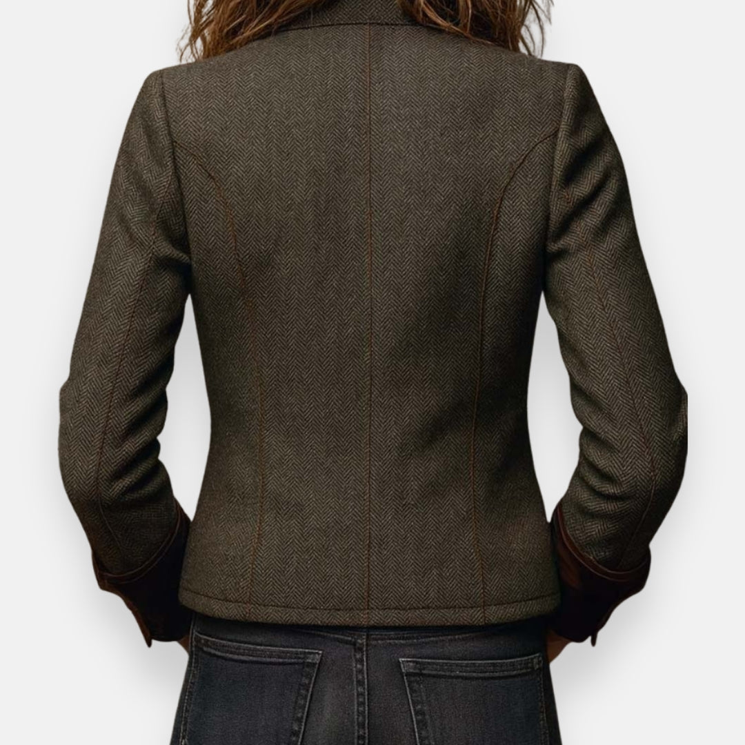 Dames Tweed Blazer met Visgraatmotief en Contrasterende Manchetten