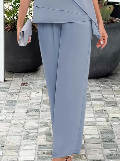 Dames Tweedelig Set met Asymmetrisch Overlay Top en Wijde Broek