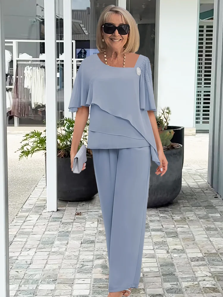 Dames Tweedelig Set met Asymmetrisch Overlay Top en Wijde Broek Blauw