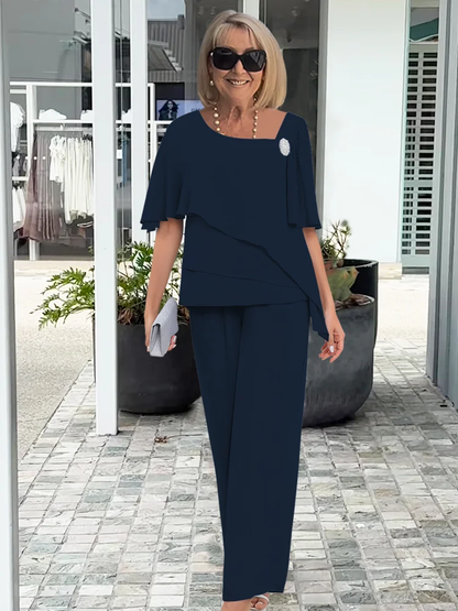 Dames Tweedelig Set met Asymmetrisch Overlay Top en Wijde Broek Marineblauw