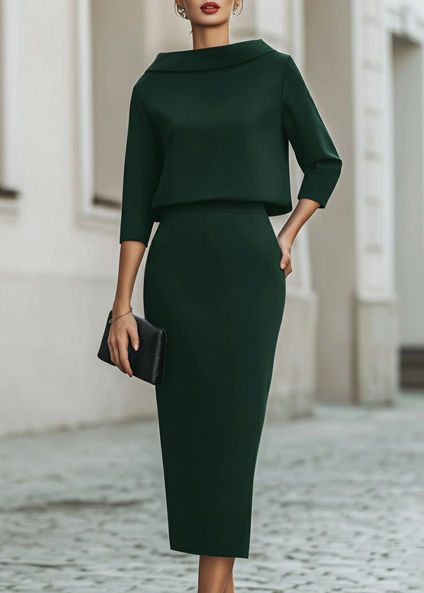 Dames Tweedelig Set met Boothals Top en Midi Rok Driekwart Mouw
