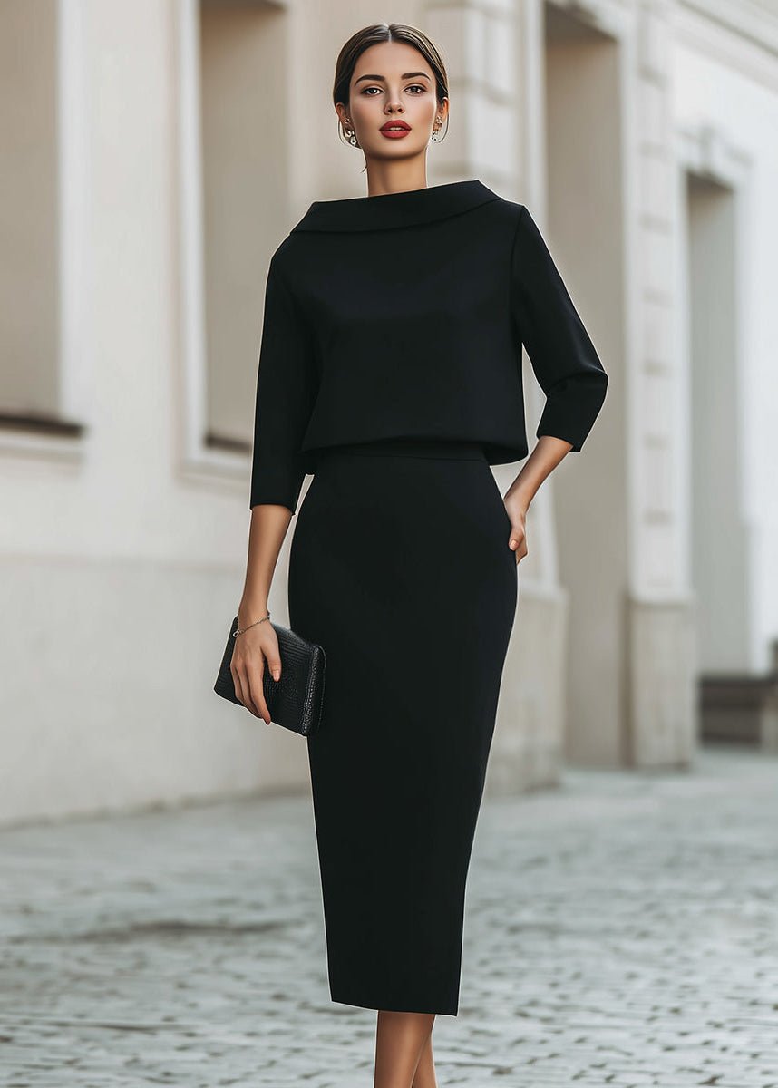Dames Tweedelig Set met Boothals Top en Midi Rok Driekwart Mouw