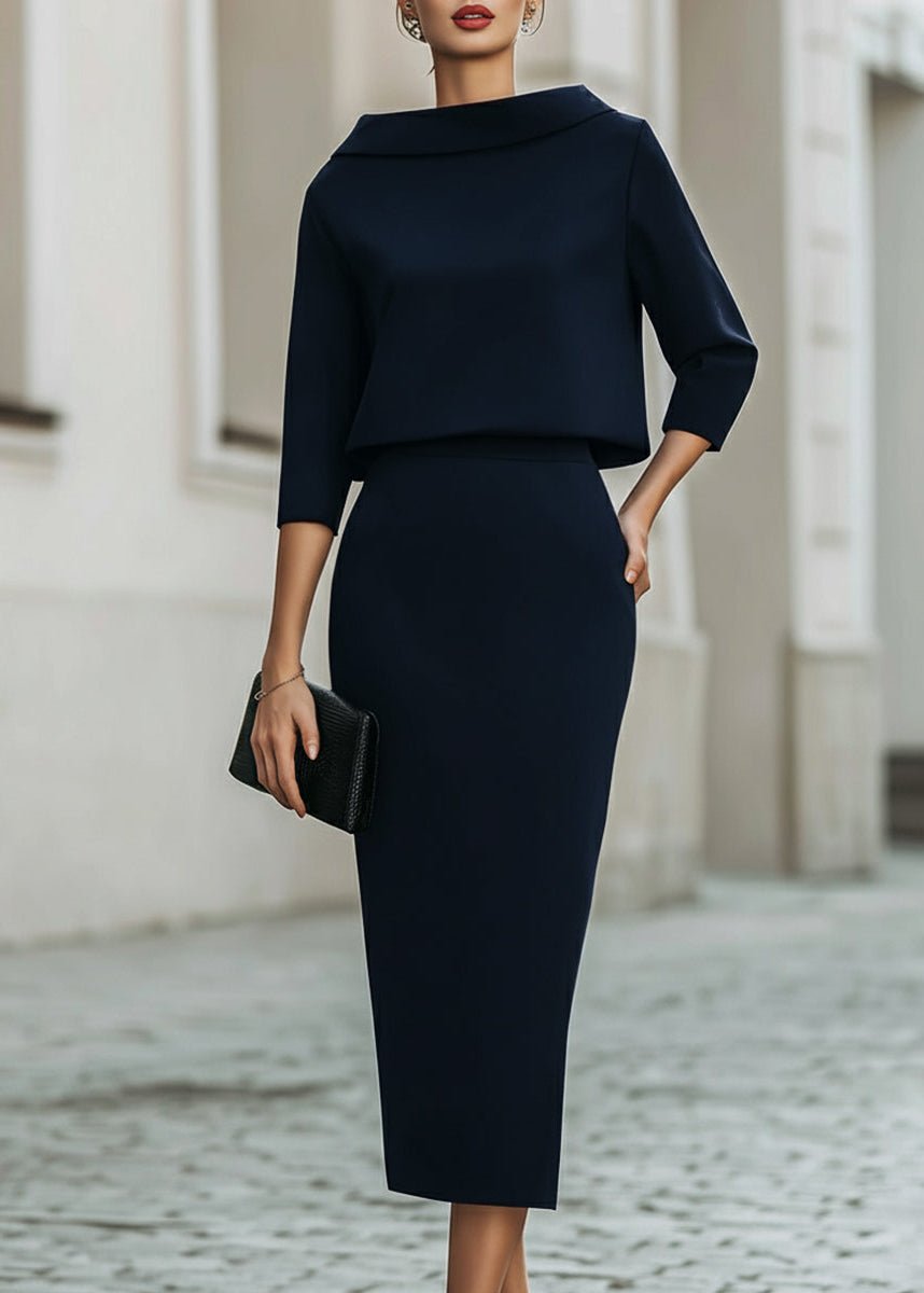 Dames Tweedelig Set met Boothals Top en Midi Rok Driekwart Mouw