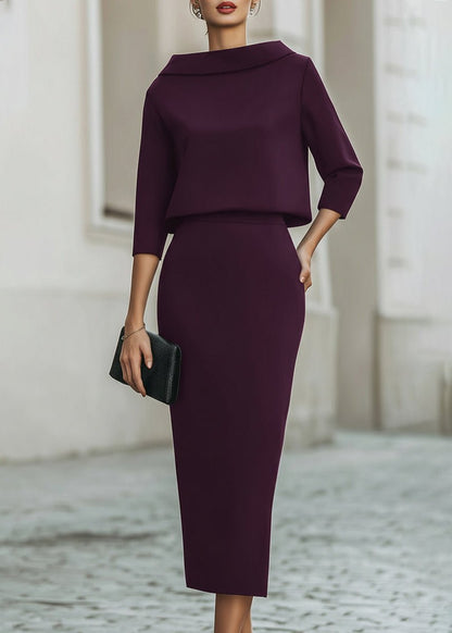 Dames Tweedelig Set met Boothals Top en Midi Rok Driekwart Mouw