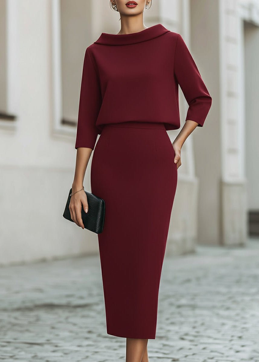 Dames Tweedelig Set met Boothals Top en Midi Rok Driekwart Mouw