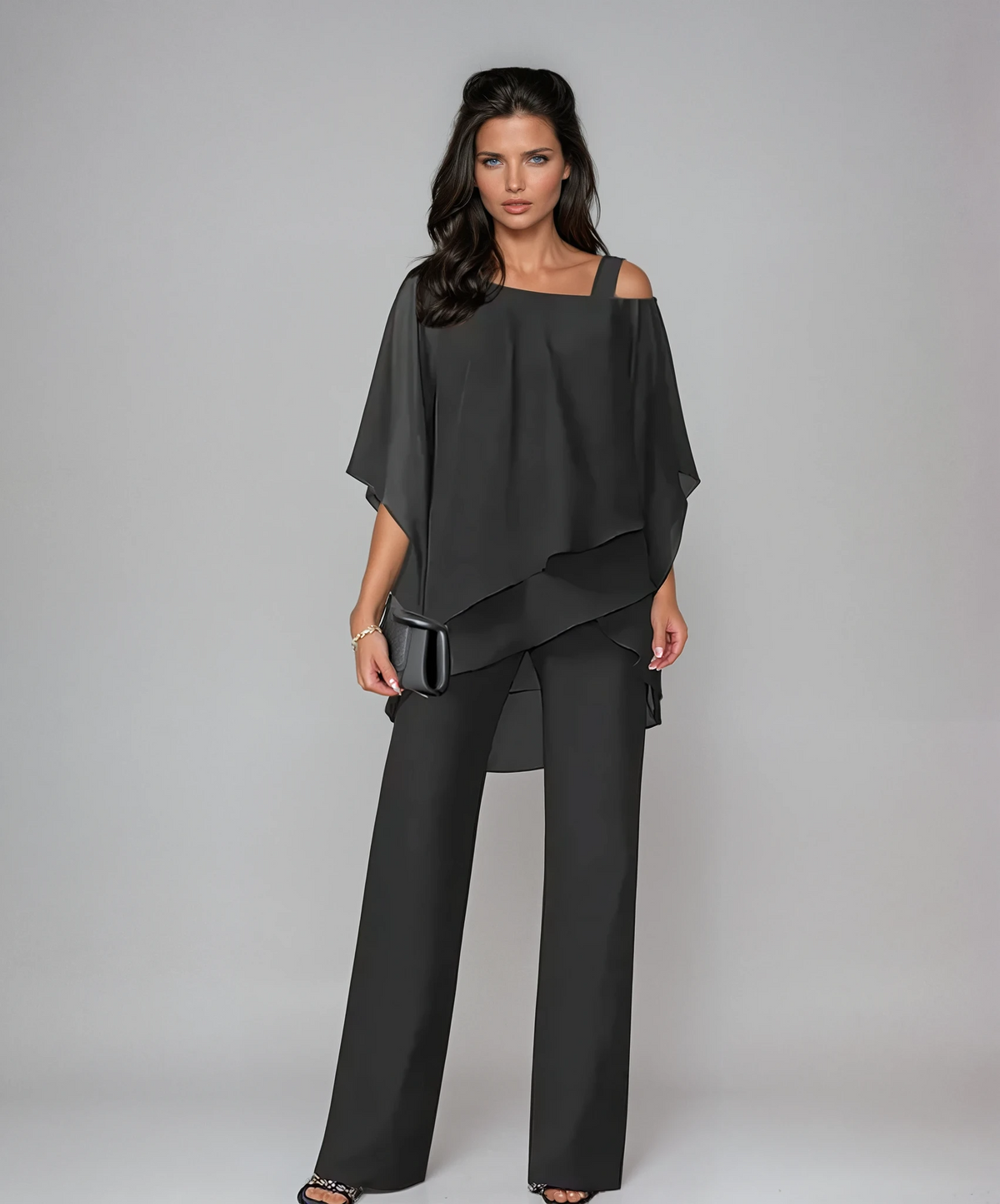 Dames Tweedelig Set met Gelaagde Top en Wijde Broek