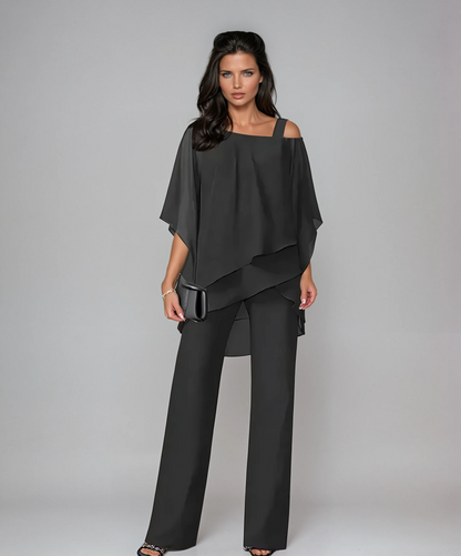 Dames Tweedelig Set met Gelaagde Top en Wijde Broek