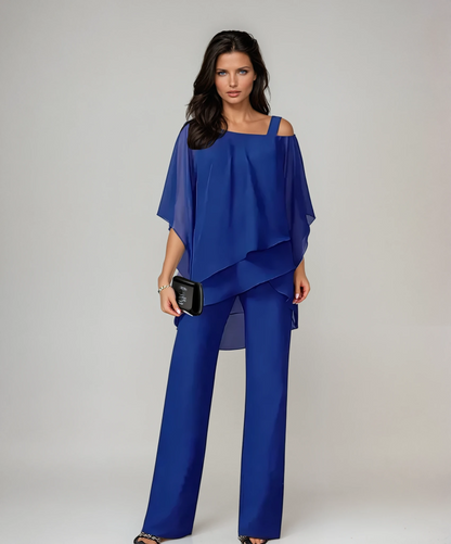 Dames Tweedelig Set met Gelaagde Top en Wijde Broek
