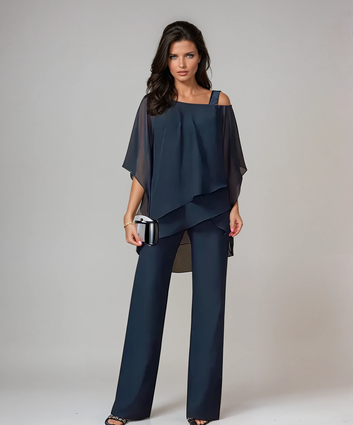 Dames Tweedelig Set met Gelaagde Top en Wijde Broek