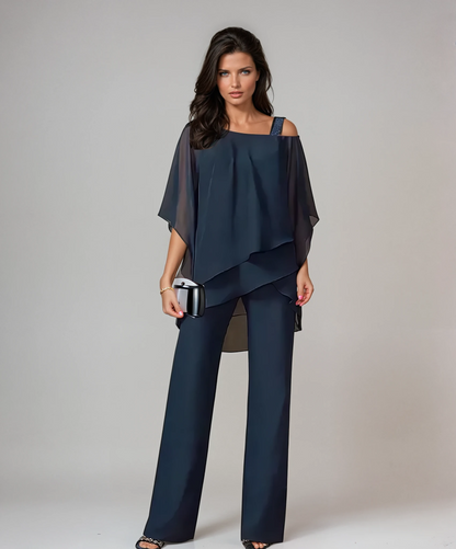 Dames Tweedelig Set met Gelaagde Top en Wijde Broek