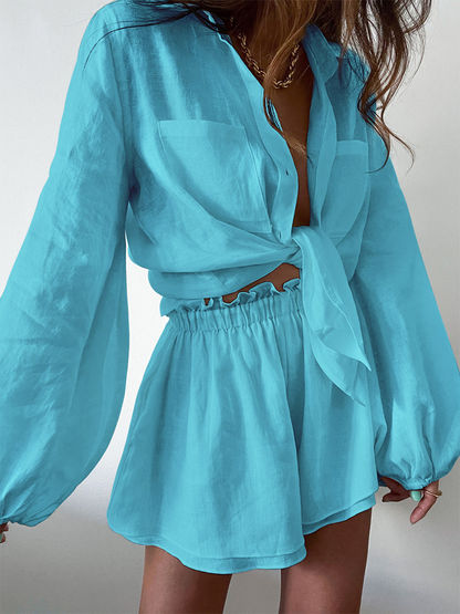 Dames Tweedelige Set Blouse en Shorts met Lange Mouwen Blauw