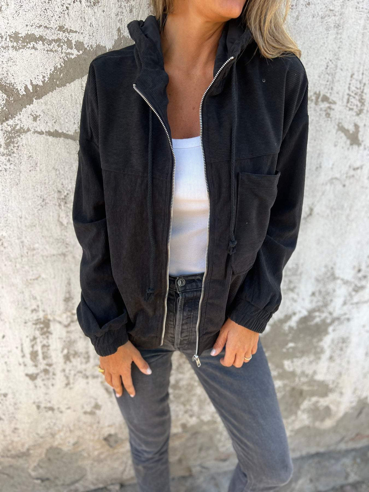 Dames Vest Corduroy met Capuchon en Lange Mouw Zwart