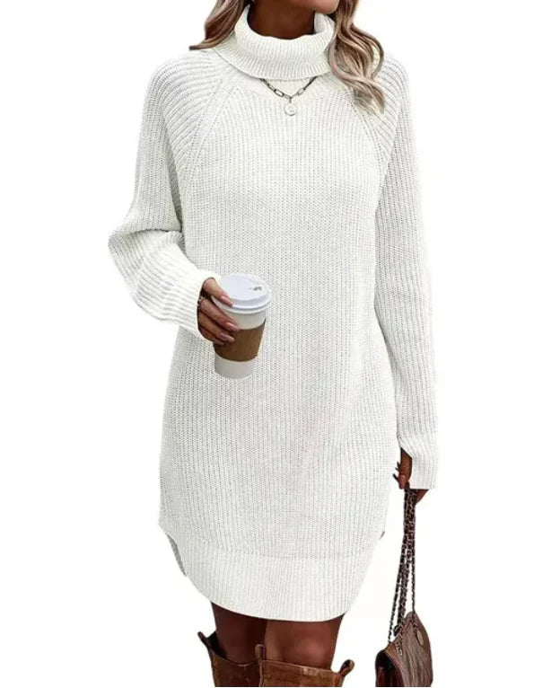 Dames Warme Lange Jurk met Col en Elegante Pasvorm Wit
