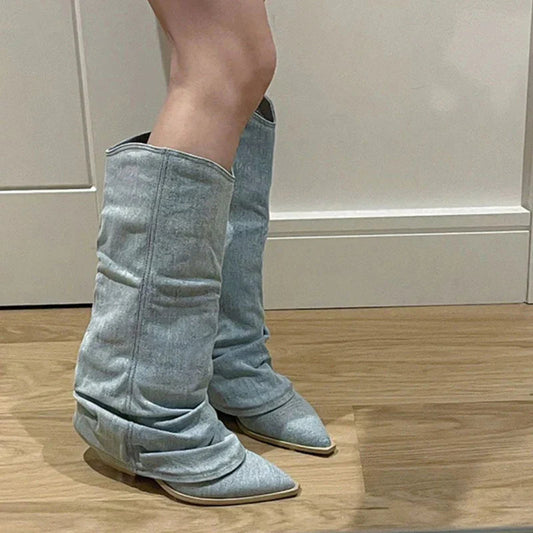 Dames Wijde Cowboylaarzen Denim met Spitse Neus